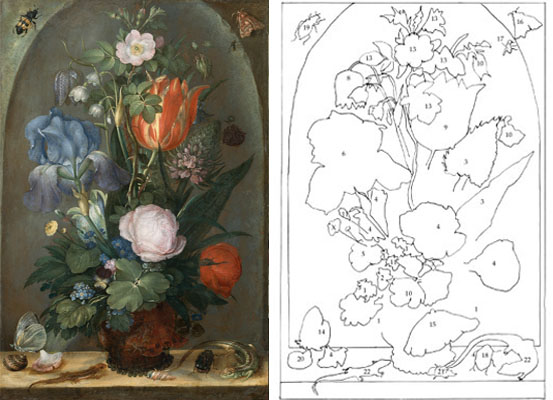 Roelant Saverij, “A bouquet in a niche with two lizards and two shells”, (1603) and Nikolaus Gansterer, Life Index map, drawing, (2011)