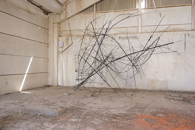 Nikolaus Gansterer, Sympoiesis Obersatory, 2019, site specific installation with found materials, mirrors,  bamboo, wood, wire, sound, video, 14th Sharjah Biennial, Ice Factory, Kalba, UAE