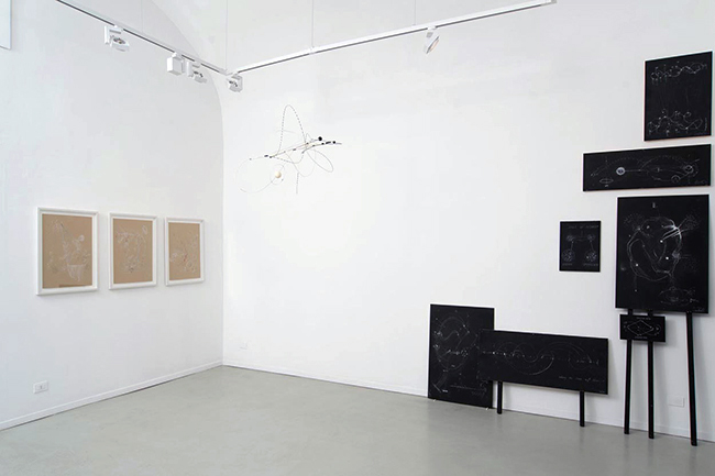 Mobile and various drawings, blackboards, installation view, Gallery Marie-Laure Fleisch, 2013, dimensions variable 