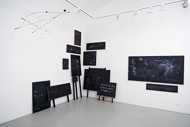 Mobile and  various blackboards, installation view, Gallery Marie-Laure Fleisch, 2013, dimensions  variable 